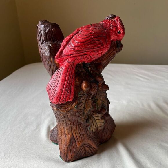 Vintage 70s Chalkware Statue Red Cardinal Perched in Tree Branch Hand Painted - Picture 12 of 12